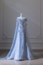 Pretty A Line Off The Shoulder Floor-Length Blue Sequin Short Sleeves Evening Dress Formal Prom Dress
