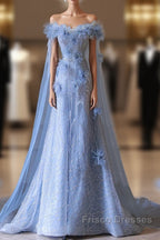 Pretty A Line Off The Shoulder Floor-Length Blue Sequin Short Sleeves Evening Dress Formal Prom Dress