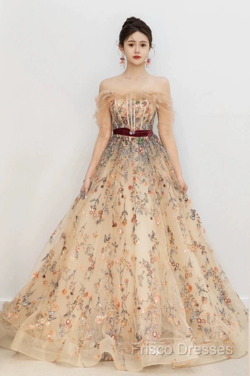 Pretty A Line Off The Shoulder Long Sleeves Floral Tulle Long Length Formal Dress Formal Prom Dress
