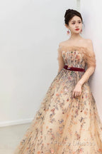 Pretty A Line Off The Shoulder Long Sleeves Floral Tulle Long Length Formal Dress Formal Prom Dress