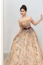 Pretty A Line Off The Shoulder Long Sleeves Floral Tulle Long Length Formal Dress Formal Prom Dress