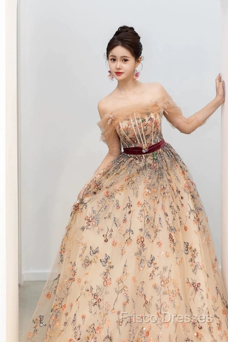 Pretty A Line Off The Shoulder Long Sleeves Floral Tulle Long Length Formal Dress Formal Prom Dress