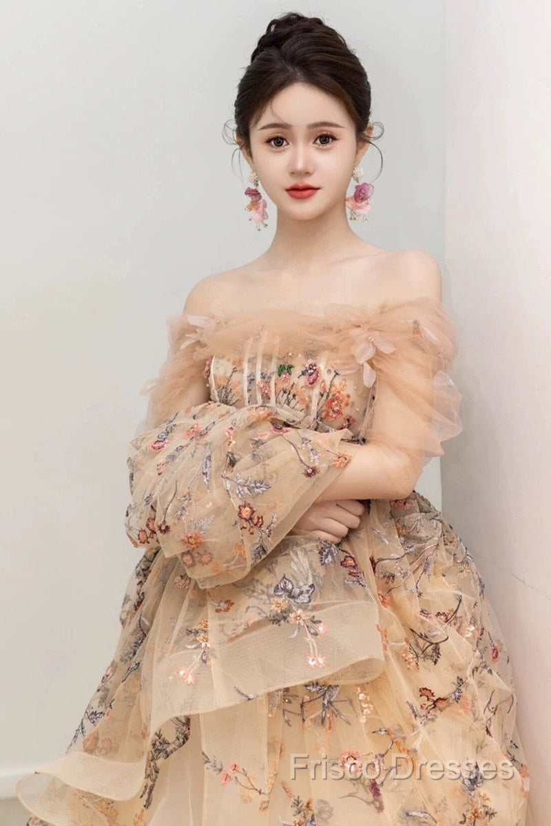 Pretty A Line Off The Shoulder Long Sleeves Floral Tulle Long Length Formal Dress Formal Prom Dress