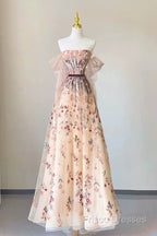Pretty A Line Off The Shoulder Long Sleeves Floral Tulle Long Length Formal Dress Formal Prom Dress