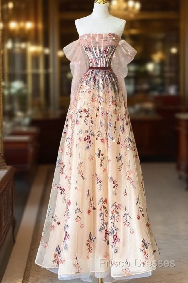 Pretty A Line Off The Shoulder Long Sleeves Floral Tulle Long Length Formal Dress Formal Prom Dress Main image