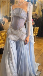 Pretty A Line Off The Shoulder Maxi Long Party Light Blue Chiffon Prom Dresses Evening Dress
