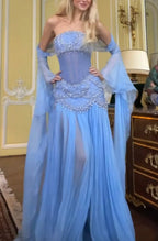 Pretty A Line Off The Shoulder Maxi Long Party Light Blue Chiffon Prom Dresses Evening Dress