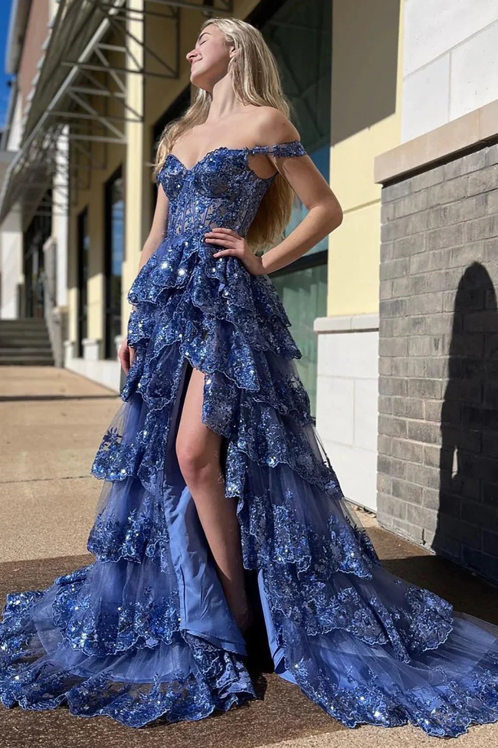 Pretty A-Line Off The Shoulder Pink Lace Slit Long Prom Dresses Formal Evening Dress