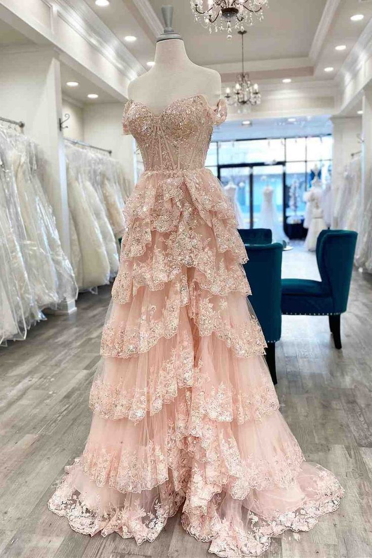 Pretty A-Line Off The Shoulder Pink Lace Slit Long Prom Dresses Formal Evening Dress Secondary image