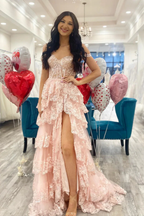 Pretty A-Line Off The Shoulder Pink Lace Slit Long Prom Dresses Formal Evening Dress