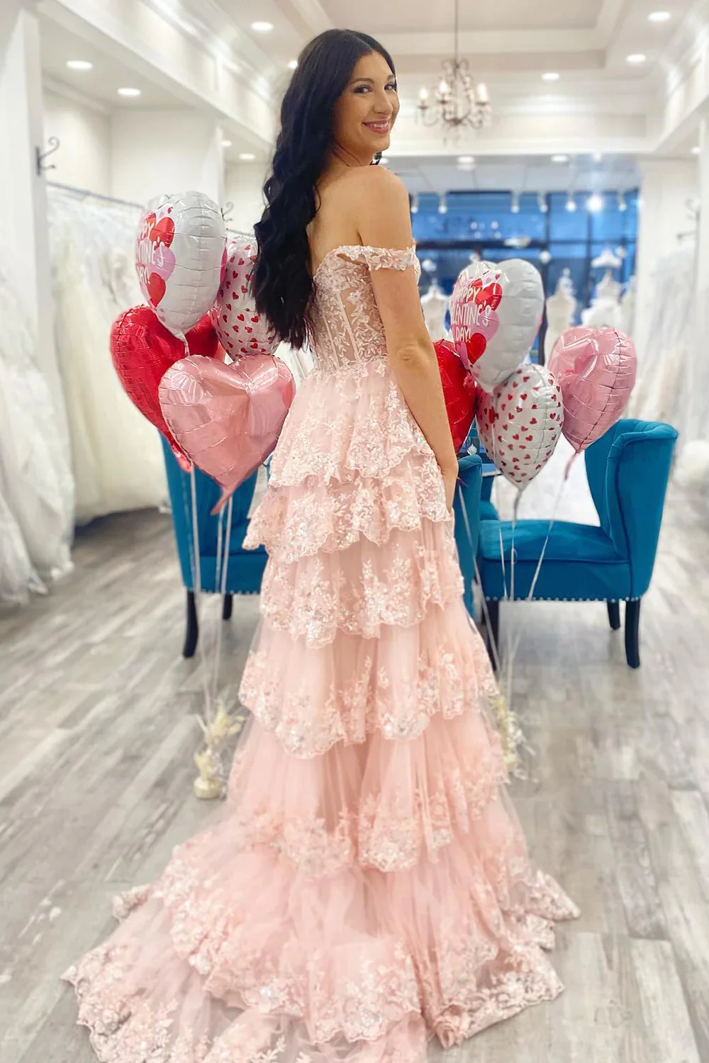 Pretty A-Line Off The Shoulder Pink Lace Slit Long Prom Dresses Formal Evening Dress