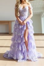 Pretty A-Line Off The Shoulder Pink Lace Slit Long Prom Dresses Formal Evening Dress