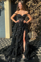 Pretty A-Line Off The Shoulder Pink Lace Slit Long Prom Dresses Formal Evening Dress