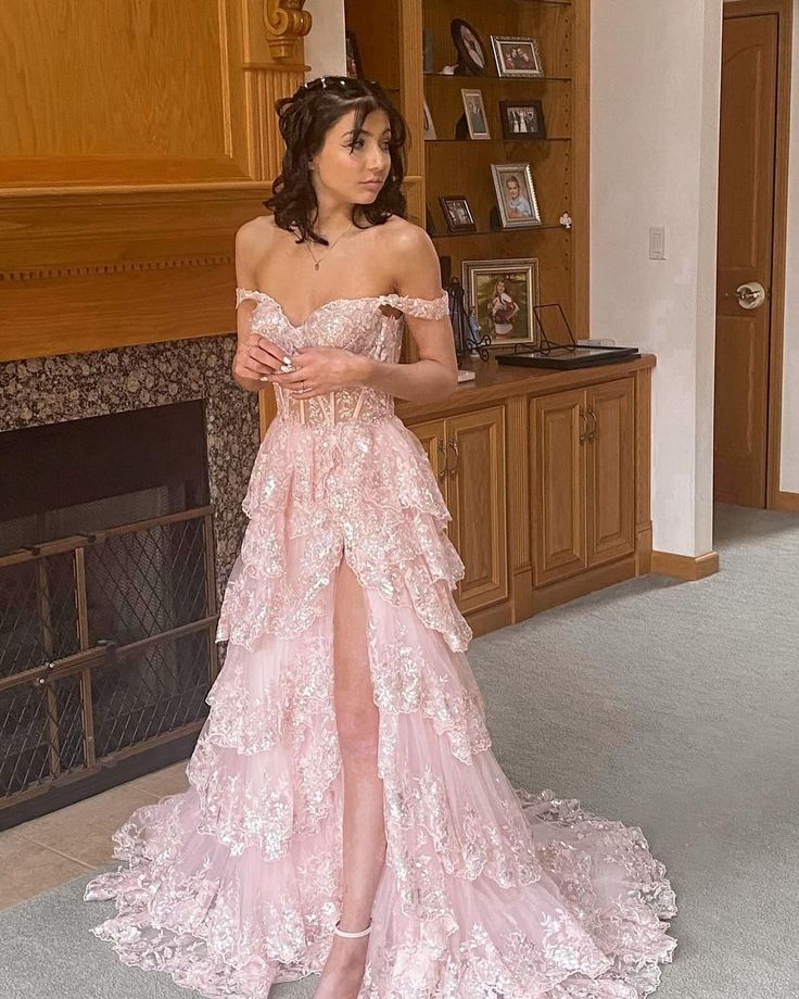 Pretty A-Line Off The Shoulder Pink Lace Slit Long Prom Dresses Formal Evening Dress Main image