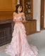 Pretty A-Line Off The Shoulder Pink Lace Slit Long Prom Dresses Formal Evening Dress