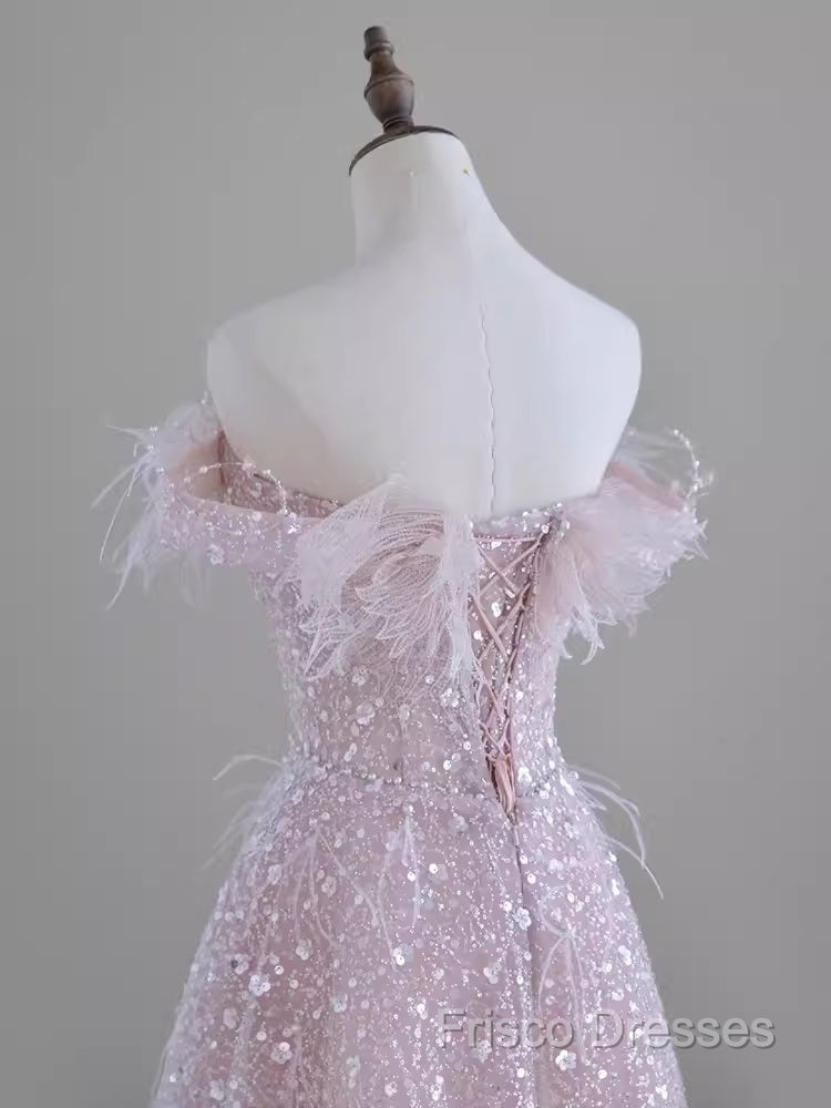 Pretty A Line Off The Shoulder Pink Sequin Long Formal Party Dress Formal Prom Dress