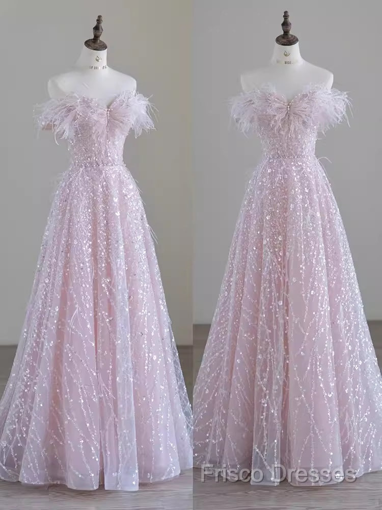 Pretty A Line Off The Shoulder Pink Sequin Long Formal Party Dress Formal Prom Dress