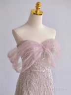 Pretty A Line Off The Shoulder Pink Sequin Long Formal Party Dress Formal Prom Dress With Beads