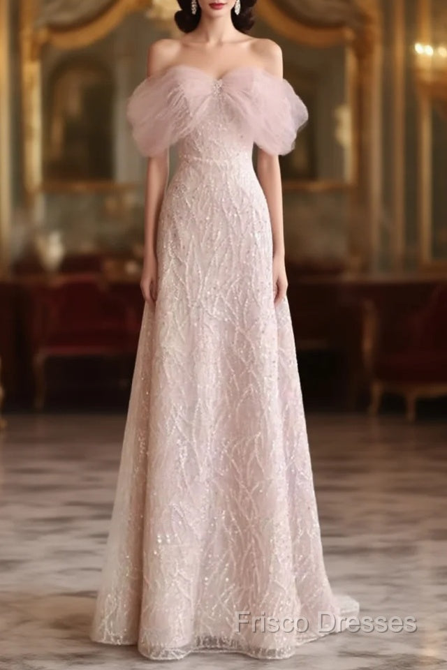 Pretty A Line Off The Shoulder Pink Sequin Long Formal Party Dress Formal Prom Dress With Beads