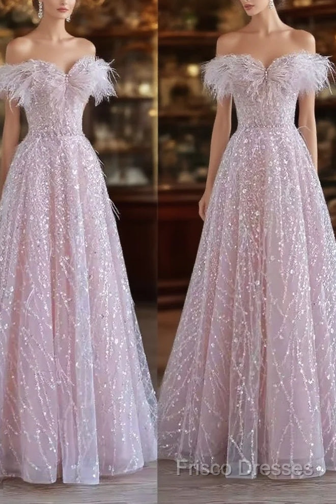 Pretty A Line Off The Shoulder Pink Sequin Long Formal Party Dress Formal Prom Dress Main image