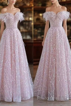Pretty A Line Off The Shoulder Pink Sequin Long Formal Party Dress Formal Prom Dress