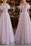 Pretty A Line Off The Shoulder Pink Sequin Long Formal Party Dress Formal Prom Dress