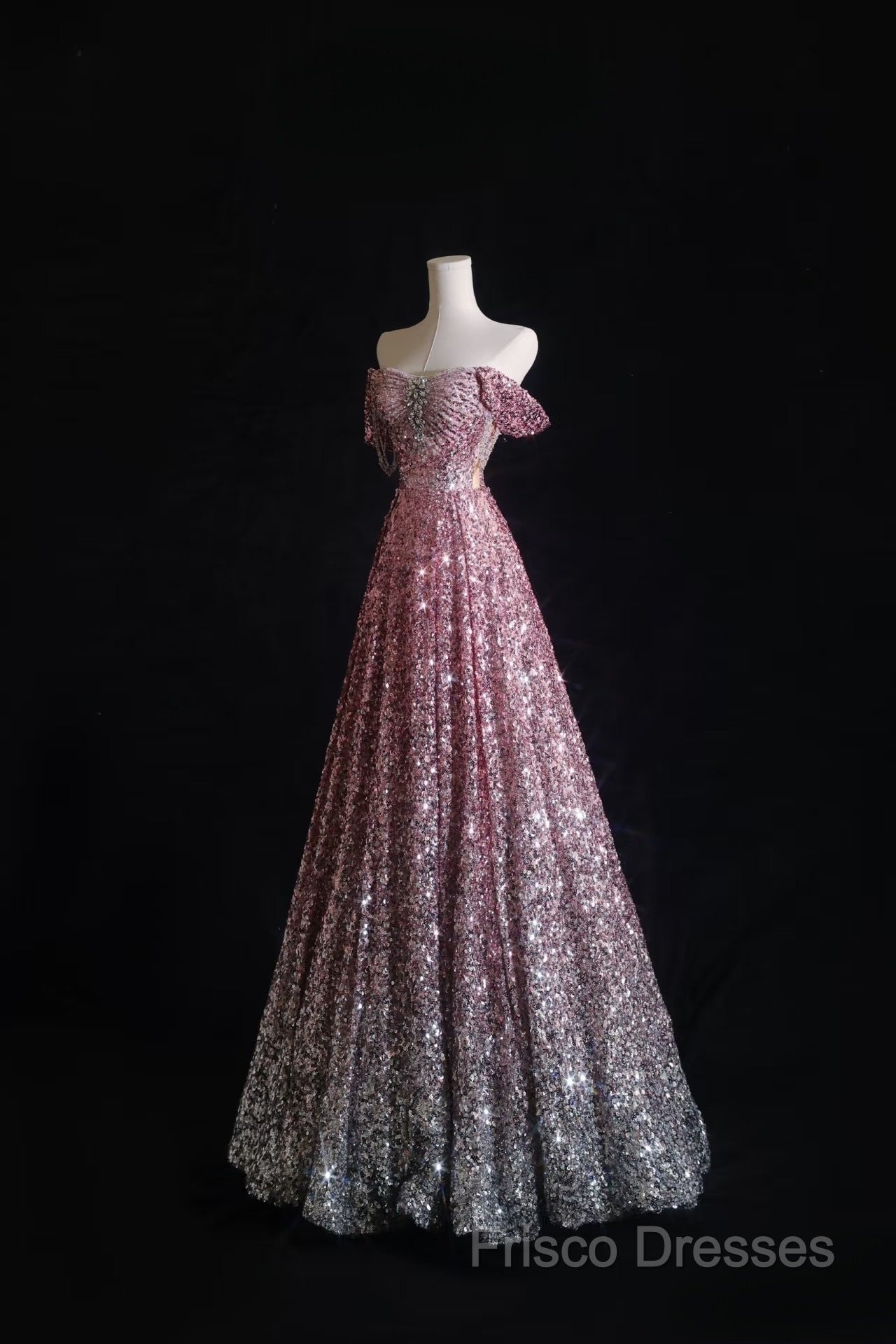 Pretty A Line Off The Shoulder Pink Sequin Long Formal Prom Dress Formal Gowns Secondary image