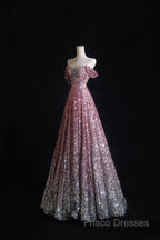Pretty A Line Off The Shoulder Pink Sequin Long Formal Prom Dress Formal Gowns