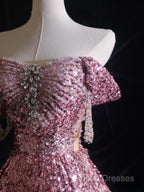 Pretty A Line Off The Shoulder Pink Sequin Long Formal Prom Dress Formal Gowns