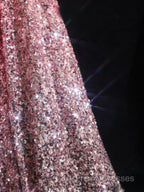 Pretty A Line Off The Shoulder Pink Sequin Long Formal Prom Dress Formal Gowns
