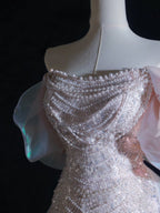 Pretty A Line Off The Shoulder Pink Sequin Long Prom Dresses Evening Gowns