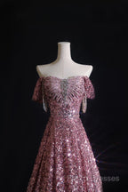 Pretty A Line Off The Shoulder Pink Sequin Long Formal Prom Dress Formal Gowns