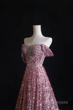 Pretty A Line Off The Shoulder Pink Sequin Long Formal Prom Dress Formal Gowns