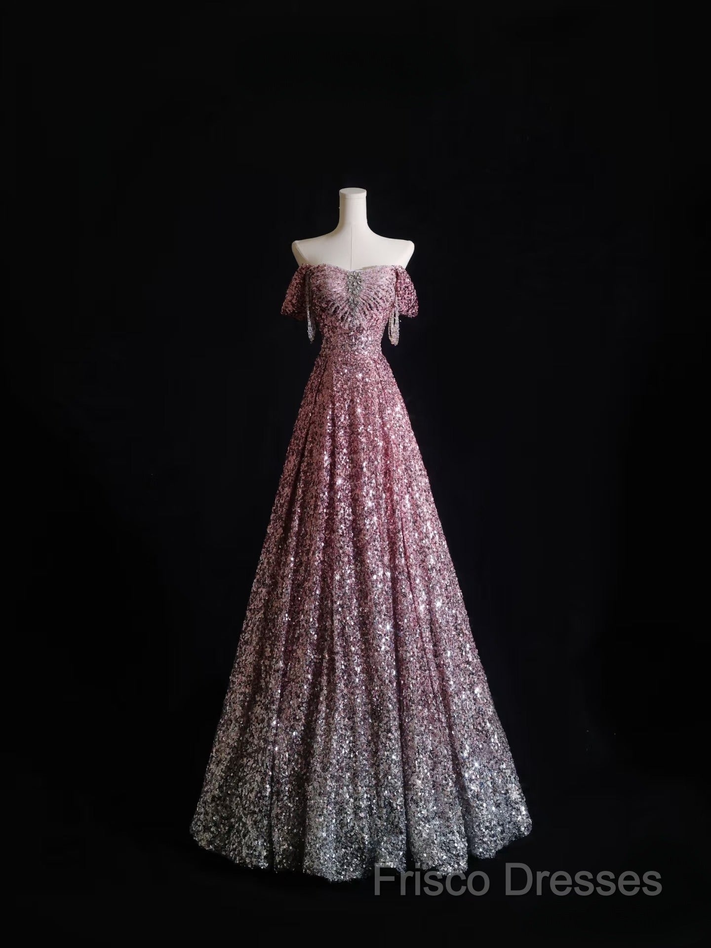 Pretty A Line Off The Shoulder Pink Sequin Long Formal Prom Dress Formal Gowns