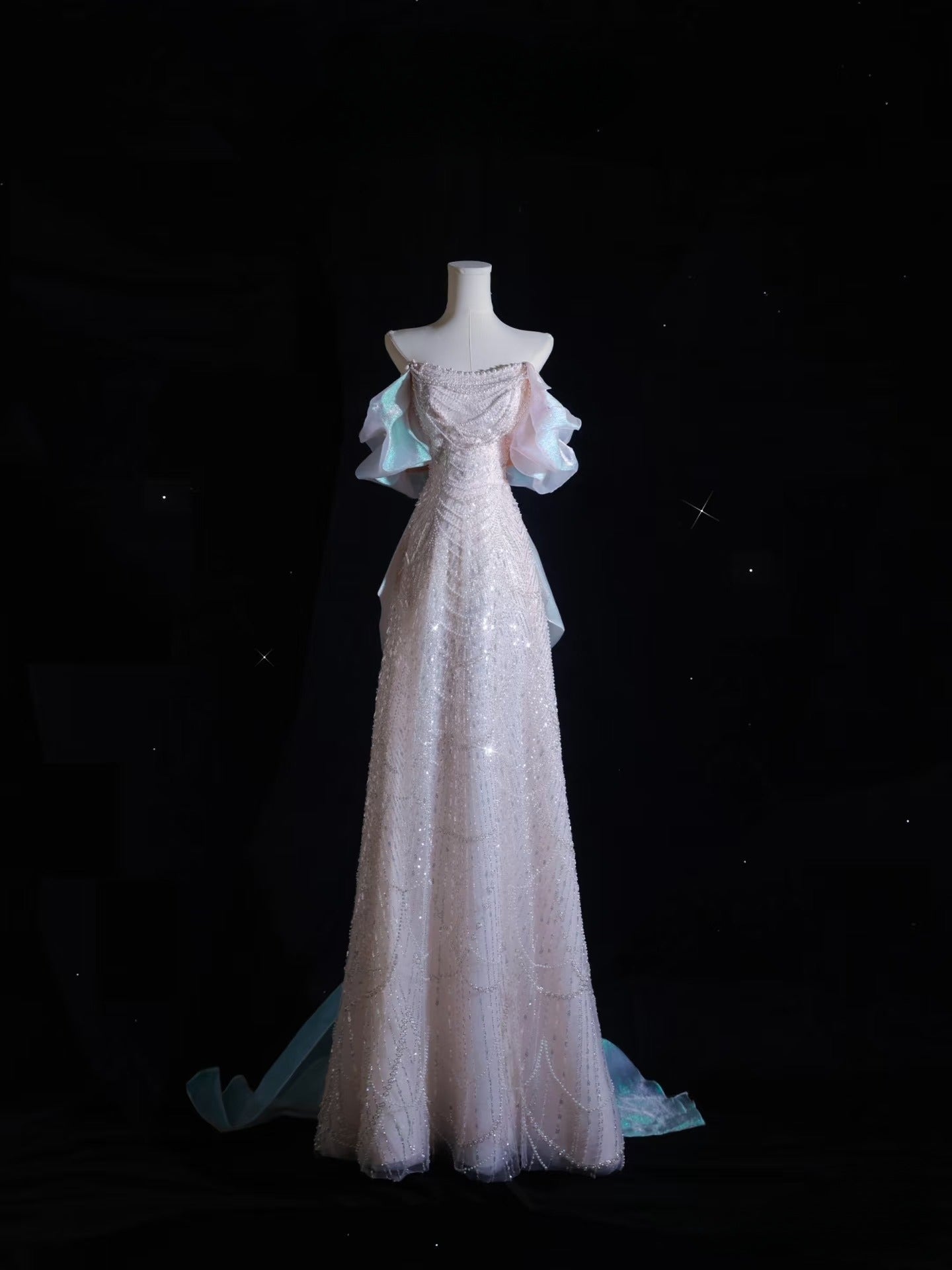 Pretty A Line Off The Shoulder Pink Sequin Long Prom Dresses Evening Gowns Main image