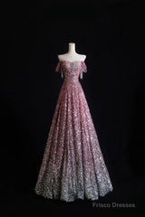 Pretty A Line Off The Shoulder Pink Sequin Long Prom Dresses Evening Gowns