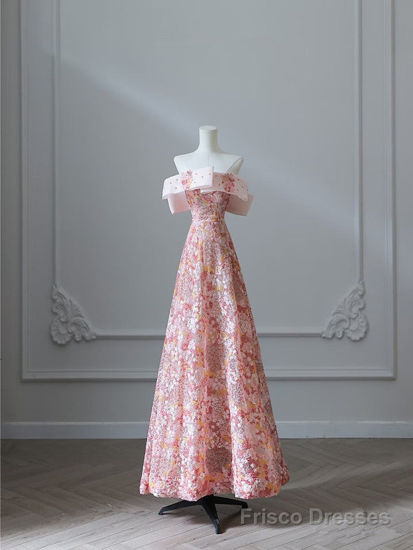 Pretty A Line Off The Shoulder Sequin Pink Floor Length Evening Dress Prom Dresses Main image