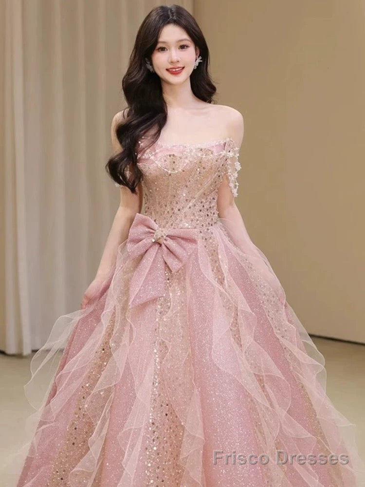 Pretty A Line Off The Shoulder Tulle Pink Floor Length Evening Dress Prom Dresses Secondary image
