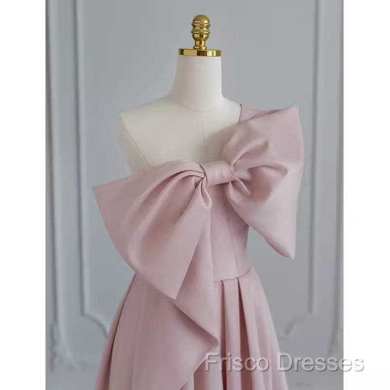 Pretty A Line One Shoulder Pink Satin Long Formal Party Dress Formal Prom Dress With Bowknot