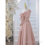 Pretty A Line One Shoulder Pink Satin Long Formal Party Dress Formal Prom Dress With Bowknot