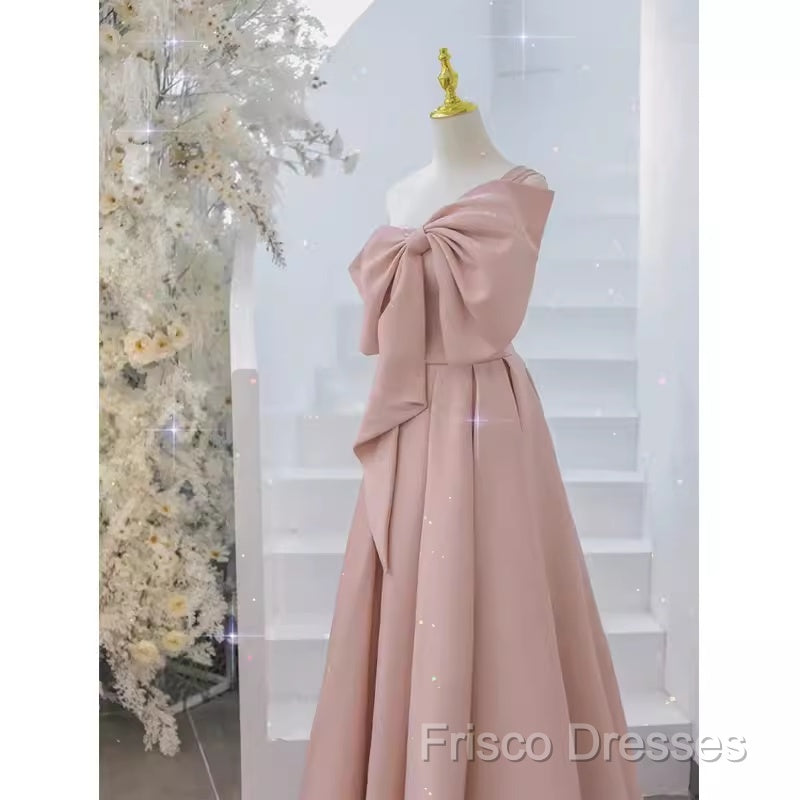 Pretty A Line One Shoulder Pink Satin Long Formal Party Dress Formal Prom Dress With Bowknot