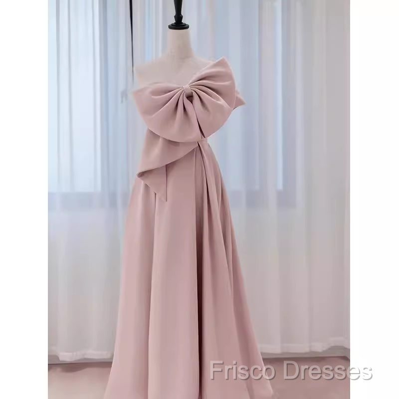 Pretty A Line One Shoulder Pink Satin Long Formal Party Dress Formal Prom Dress With Bowknot