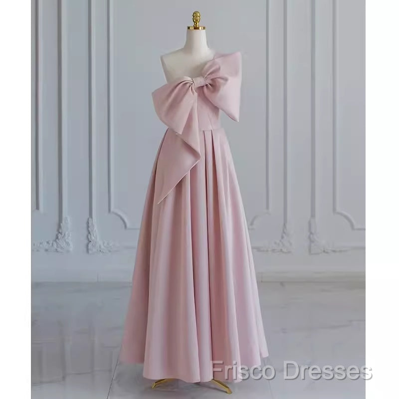 Pretty A Line One Shoulder Pink Satin Long Formal Party Dress Formal Prom Dress With Bowknot