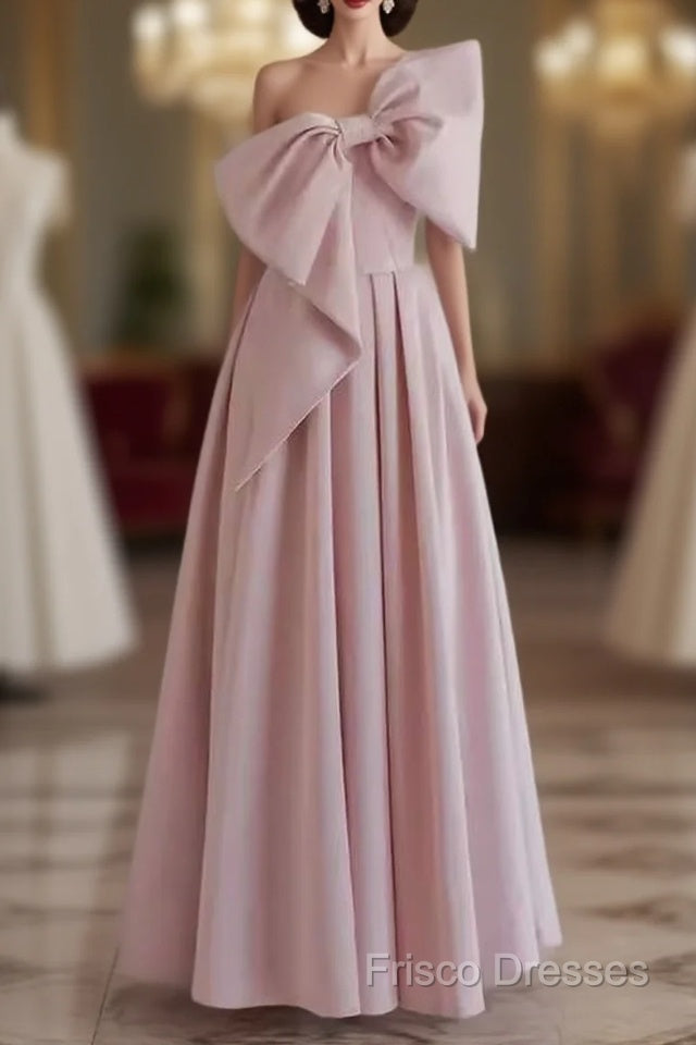 Pretty A Line One Shoulder Pink Satin Long Formal Party Dress Formal Prom Dress With Bowknot Main image