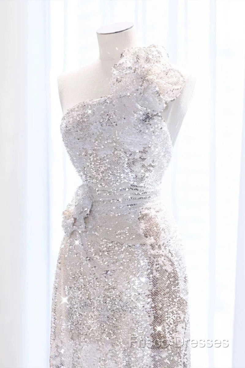 Pretty A Line One Shoulder Silver Sequin Long Length Formal Dress Formal Prom Dress