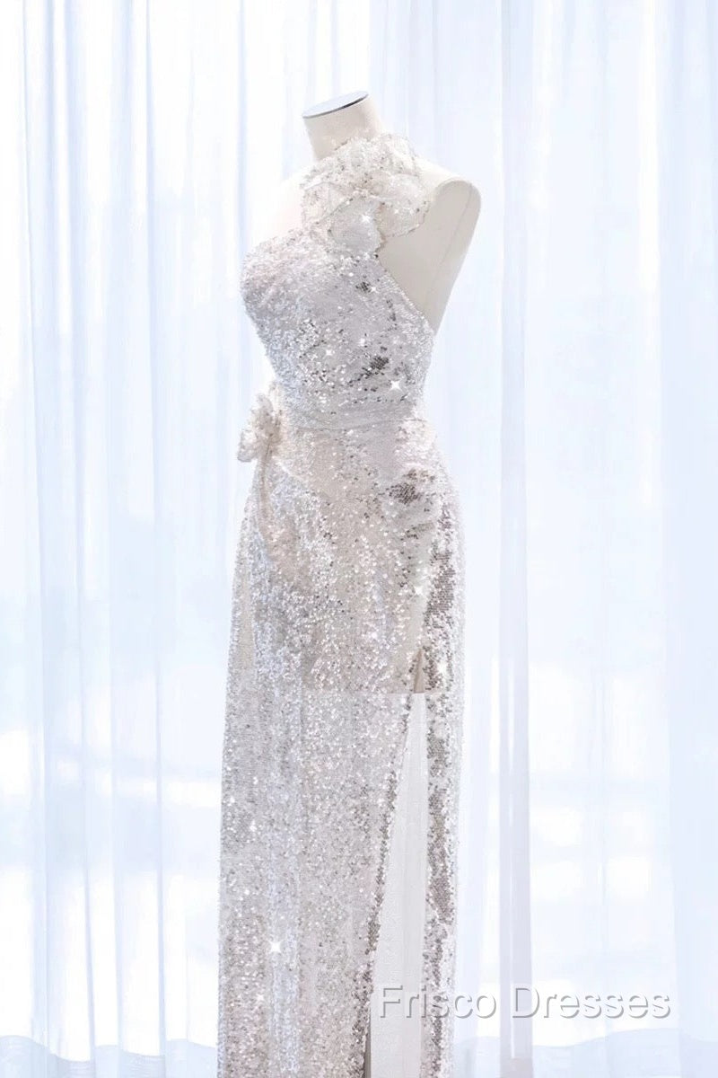 Pretty A Line One Shoulder Silver Sequin Long Length Formal Dress Formal Prom Dress