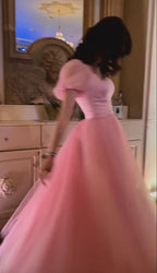 Pretty A Line Short Sleeves Pink Tulle Long Prom Dresses Formal Evening Dress