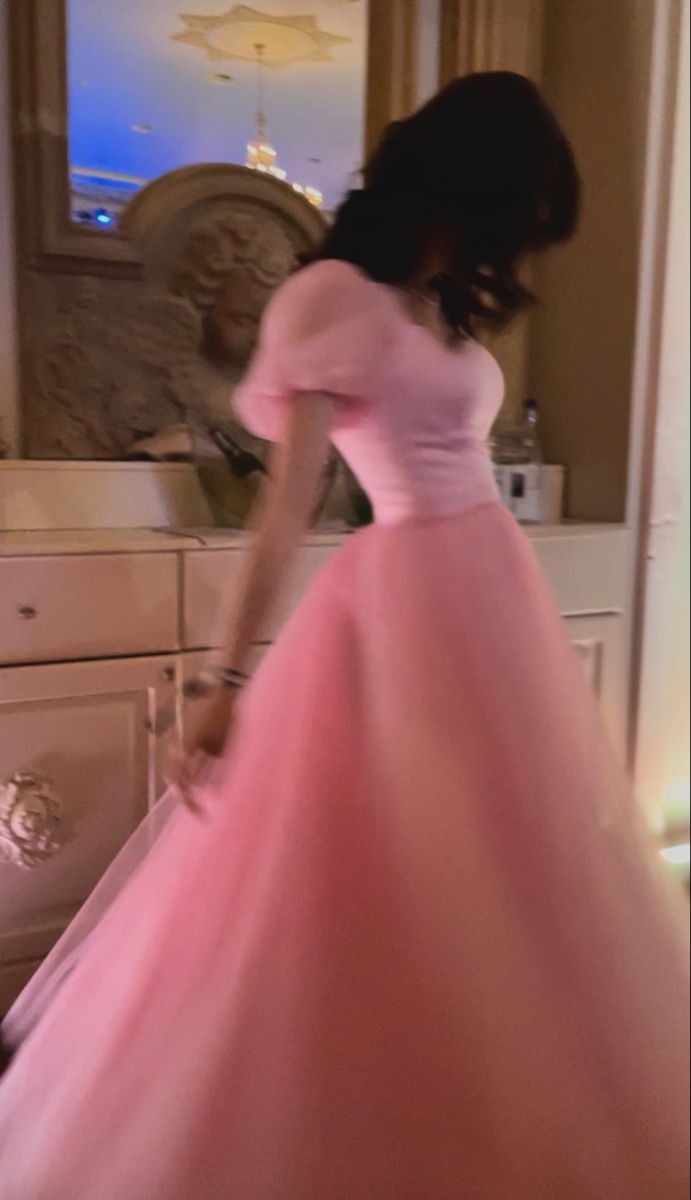 Pretty A Line Short Sleeves Pink Tulle Long Prom Dresses Formal Evening Dress