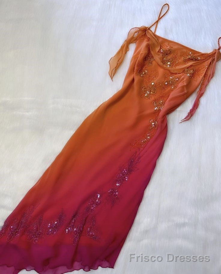 Pretty A Line Spaghetti Straps Chiffon Prom Dresses With Beads Evening Gowns Main image