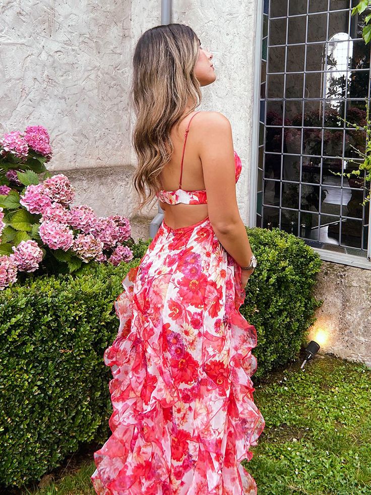 Pretty A Line Spaghetti Straps Floral Red Sleeveless Ruffles Evening Prom Dresses